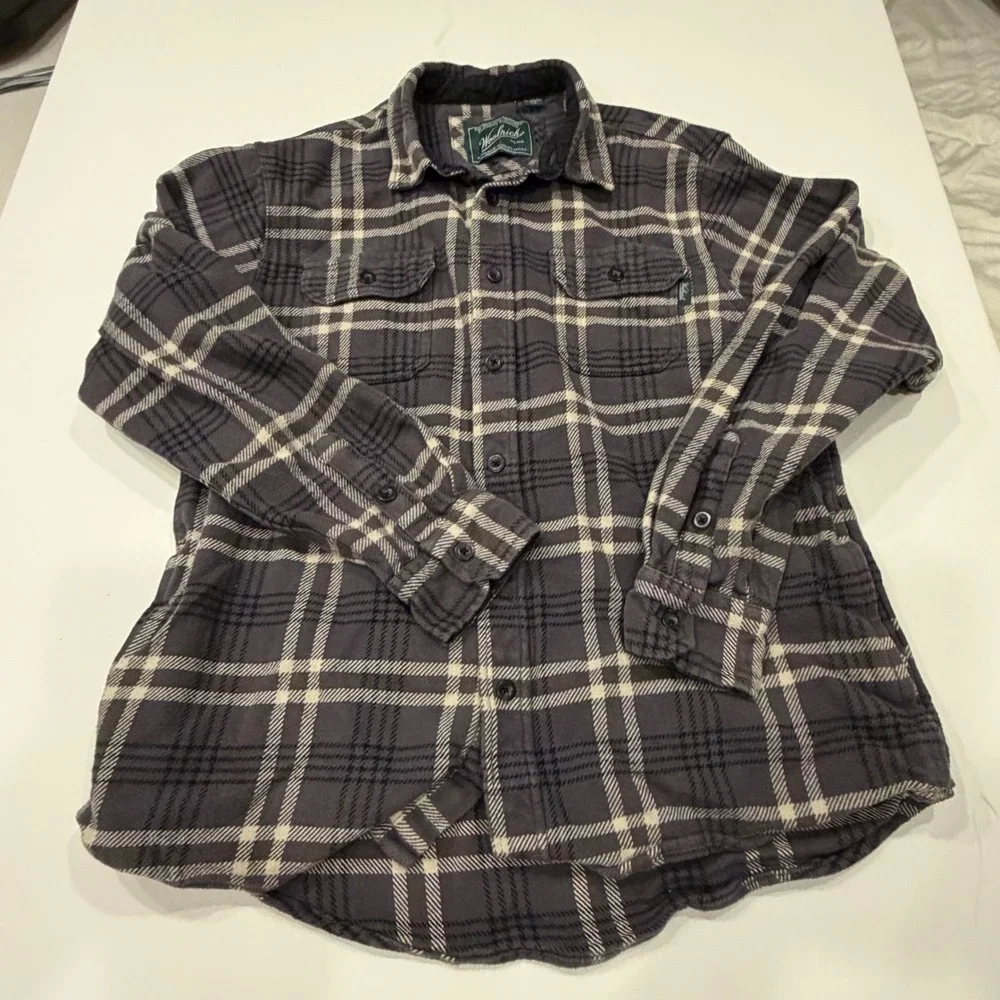 Woolrich Flannel Shirt Mens L Gray Black Plaid Button Down Outdoor Gorpcore